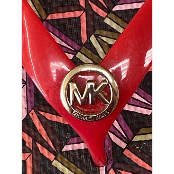 Michael Kors Womens Red & Multicolor Flip-Flops With Gold MK Logo Size 8 - Picture 3 of 9